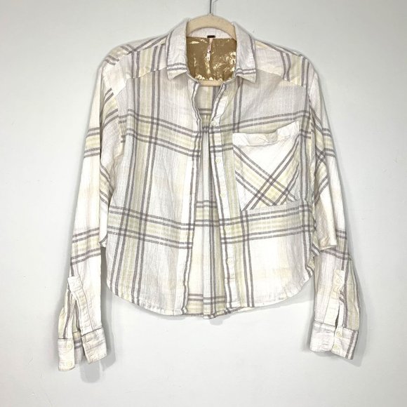 FREE PEOPLE Cutie Ivory Plaid Batwing Button Front Shirt Sz S - Picture 5 of 10